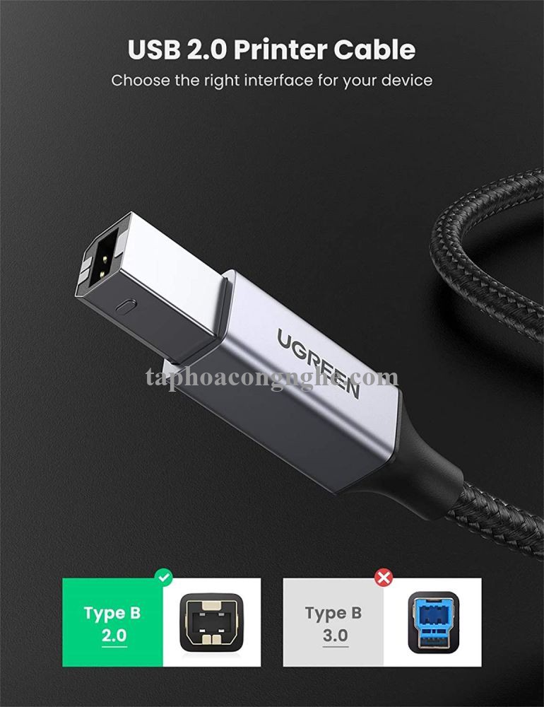 Ugreen 80804 3M đầu nhôm dây bọc lưới chống nhiễu cáp máy in màu Đen 2.0 USB A sang B US369 30080804